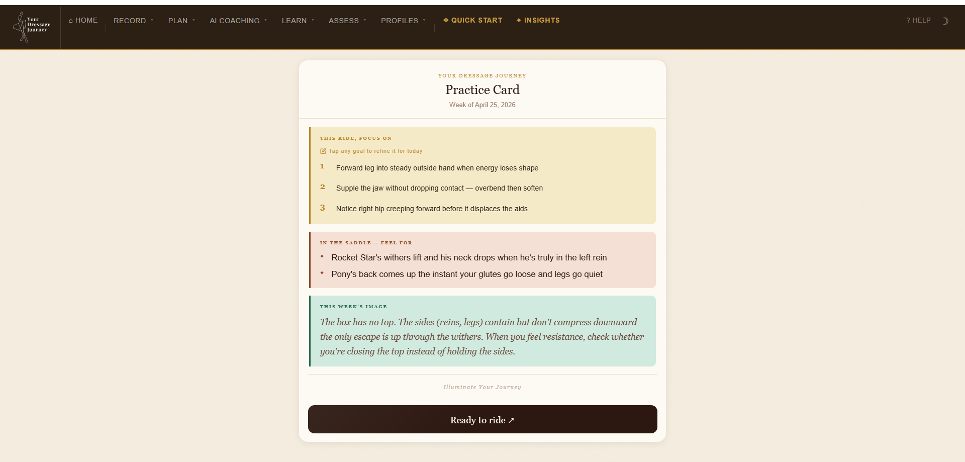 YDJ Practice Card showing This Ride Focus On section with three numbered process goals, In The Saddle Feel For section, and This Week's Image with a visualization metaphor