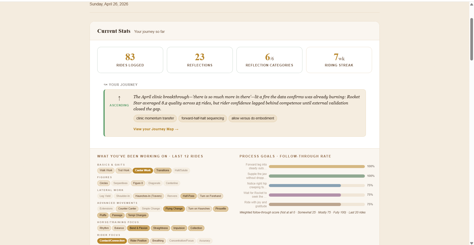 YDJ Dashboard showing Current Stats with 65 rides and 20 reflections, Your Journey narrative, What You've Been Working On training tags, and Process Goals follow-through rate